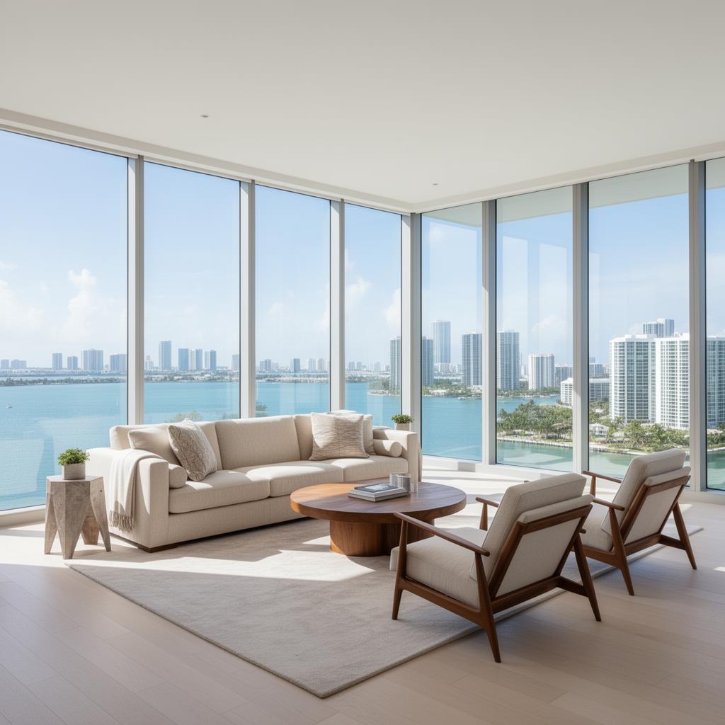 Modern Miami living room with bay view